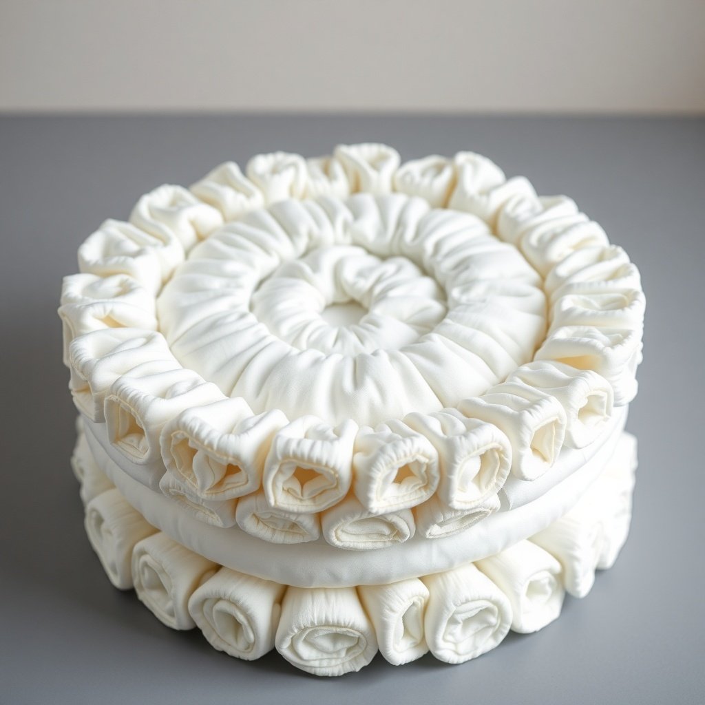 50 Festive Ideas for Creating the Ultimate Christmas Diaper Cake A beautifully layered Christmas diaper cake made of rolled diapers arranged in a spiral pattern.