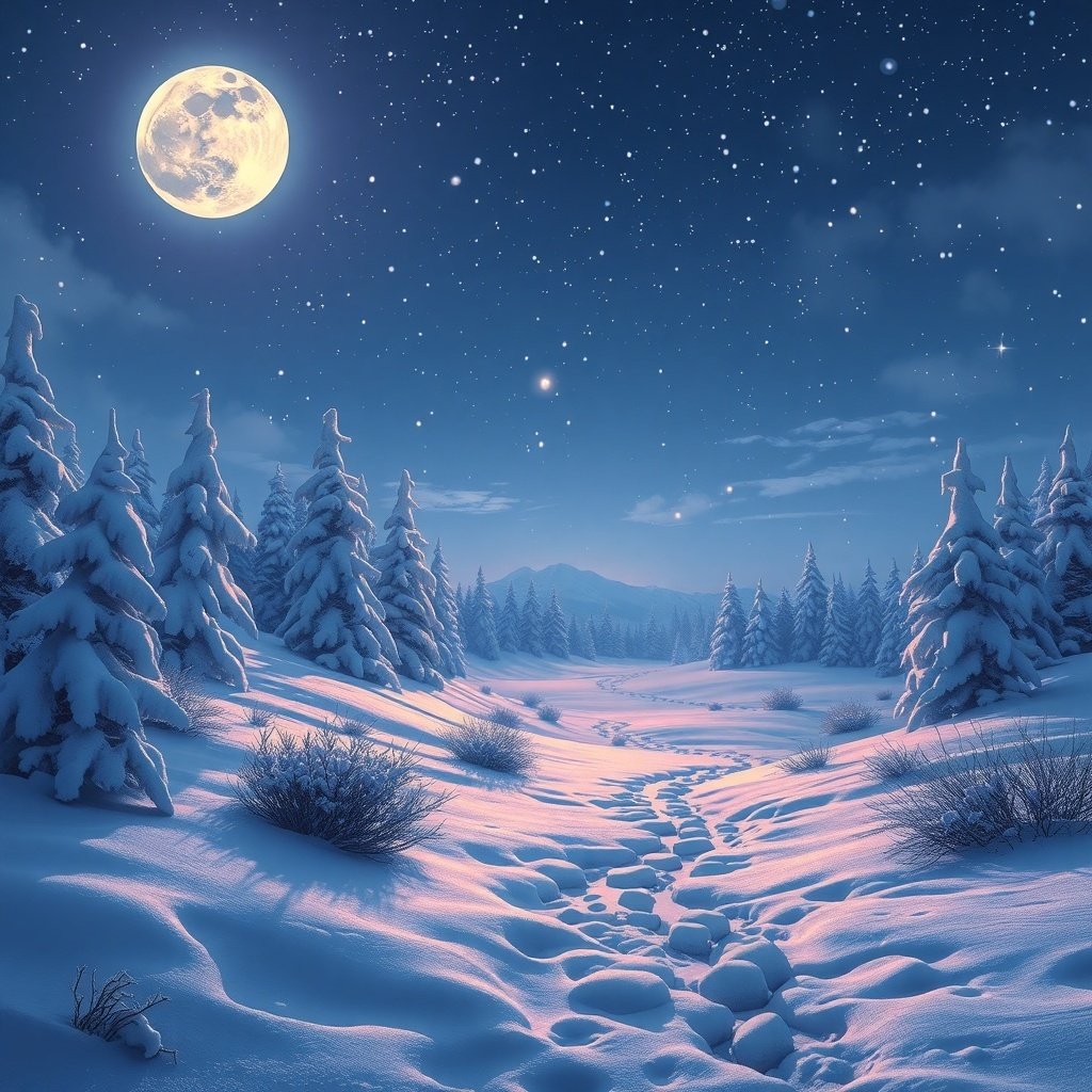 50 Festive December Wallpapers to Brighten Your Screen A serene winter landscape with snow-covered trees under a bright moon and starry sky.