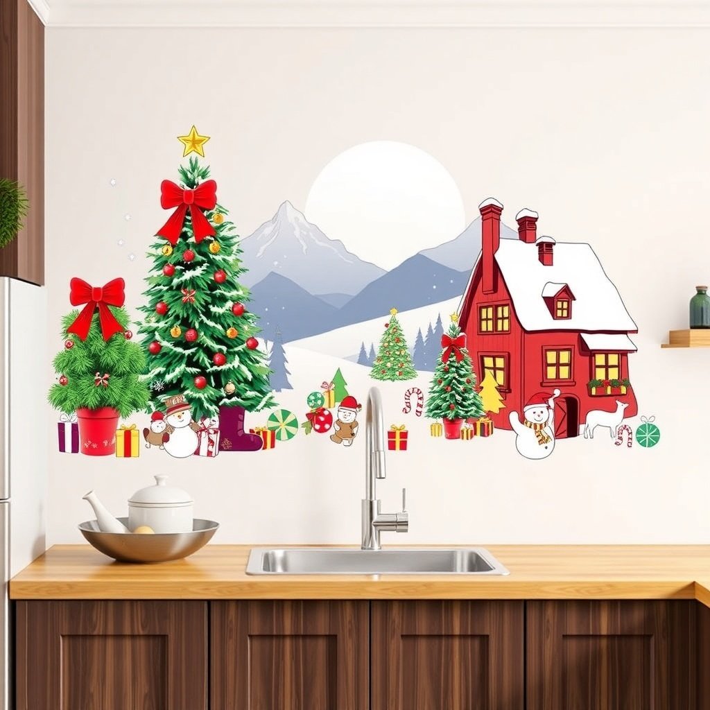 50 Creative Ideas for Christmas Kitchen Decor Colorful Christmas wall decals featuring trees, gifts, and a cozy house.