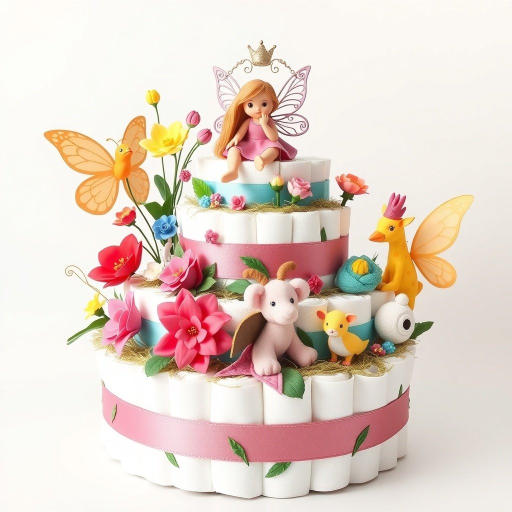 50 Festive Ideas for Creating the Ultimate Christmas Diaper Cake A whimsical Christmas diaper cake decorated with flowers, animals, and a fairy.