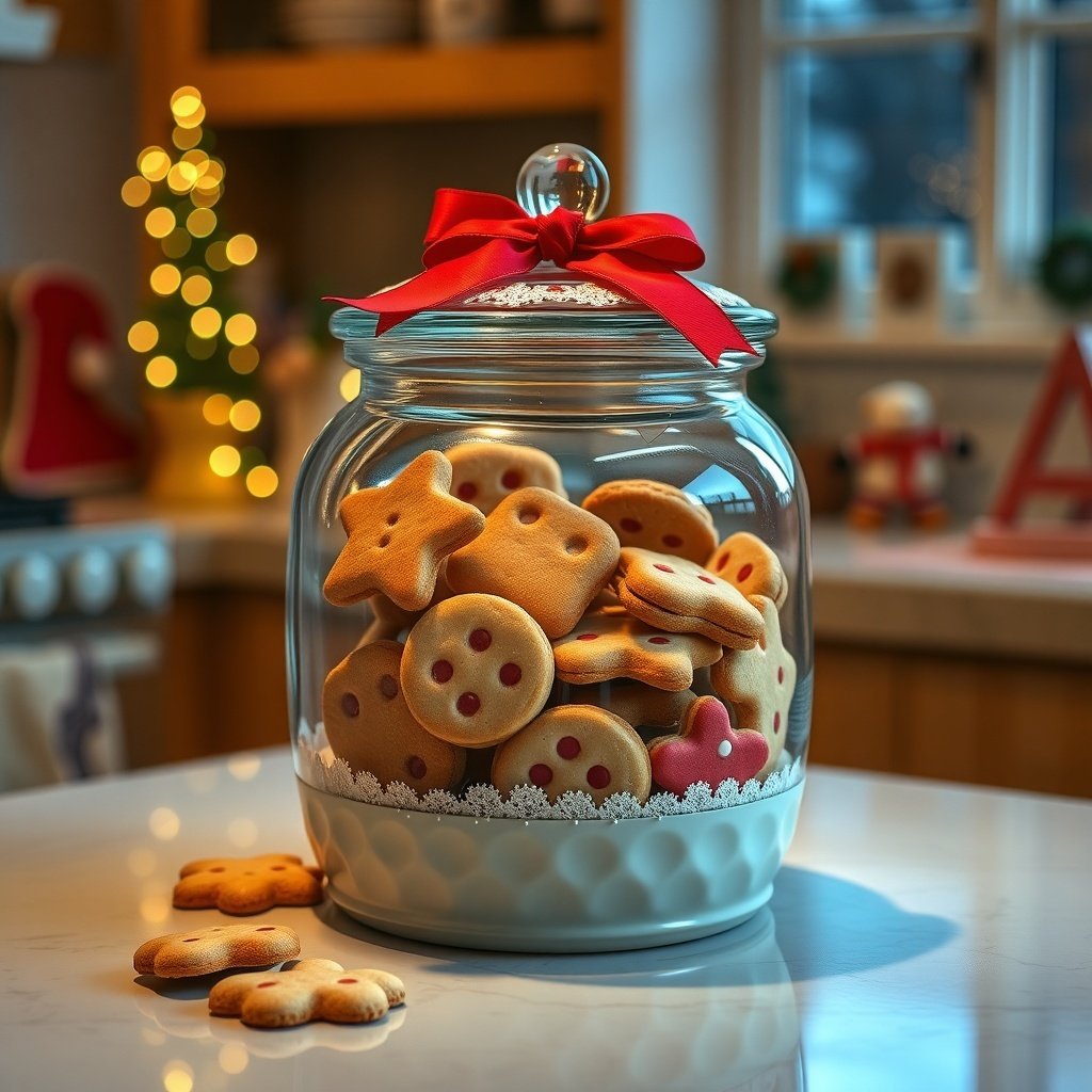 50 Creative Ideas for Christmas Kitchen Decor A decorative cookie jar filled with various cookies, adorned with a red ribbon, set in a cozy Christmas kitchen.