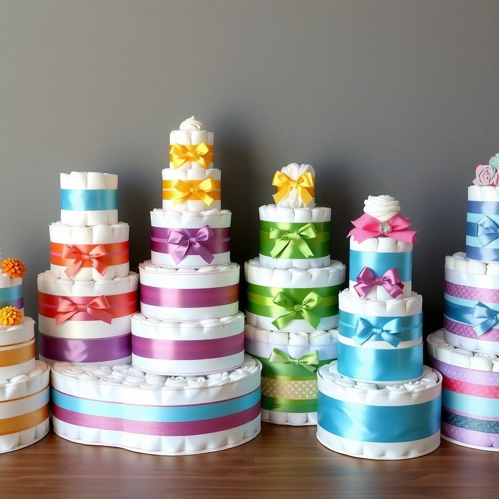 50 Festive Ideas for Creating the Ultimate Christmas Diaper Cake A variety of colorful Christmas diaper cakes in different sizes and designs.