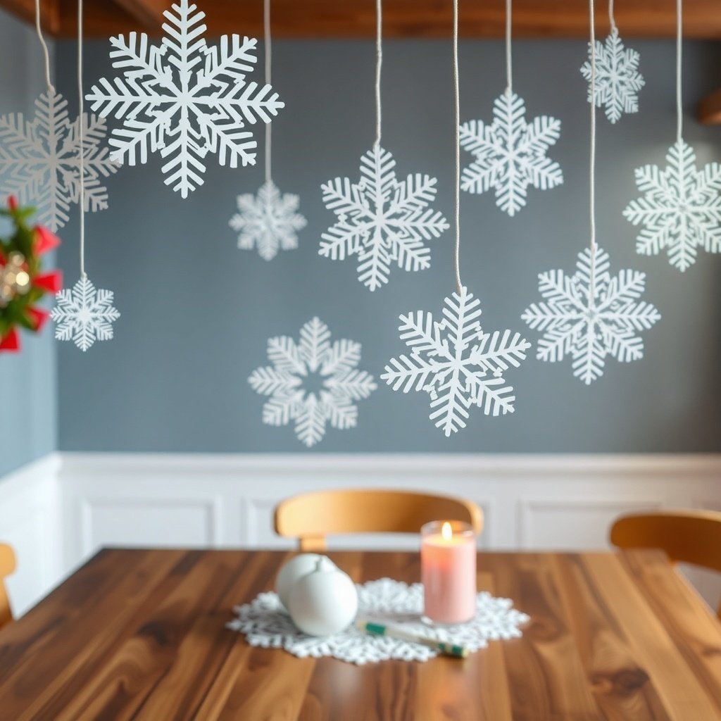 50 Stunning Christmas Table Centerpieces to Elevate Your Holiday Decor A cozy Christmas table with hanging paper snowflakes and a candle