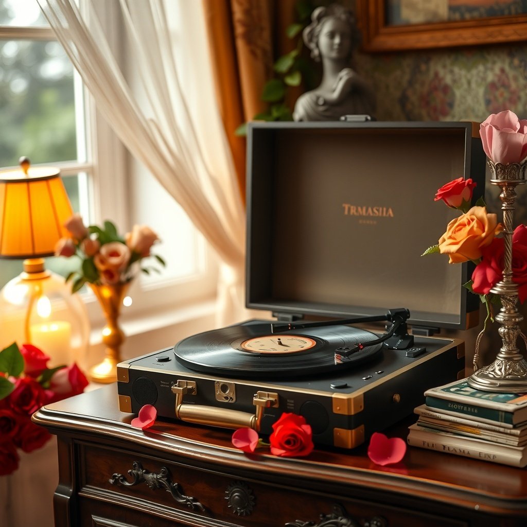 50 Stunning Wedding Night Room Decoration Ideas A vintage record player with roses and candlelight, creating a romantic atmosphere for a wedding night room.