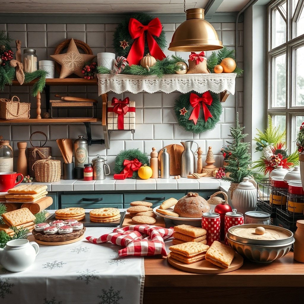 50 Creative Ideas for Christmas Kitchen Decor A cozy Christmas kitchen decorated with baked goods and festive ornaments.