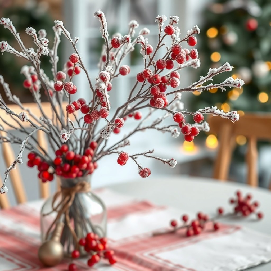 50 Stunning Christmas Table Centerpieces to Elevate Your Holiday Decor A festive centerpiece featuring frosted berry branches in a vase on a Christmas table.