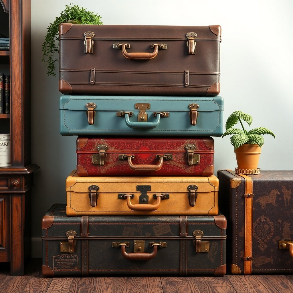 50 Stunning Wedding Night Room Decoration Ideas A stack of vintage suitcases in various colors, with a small potted plant on top, set against a wooden floor and a bookshelf.