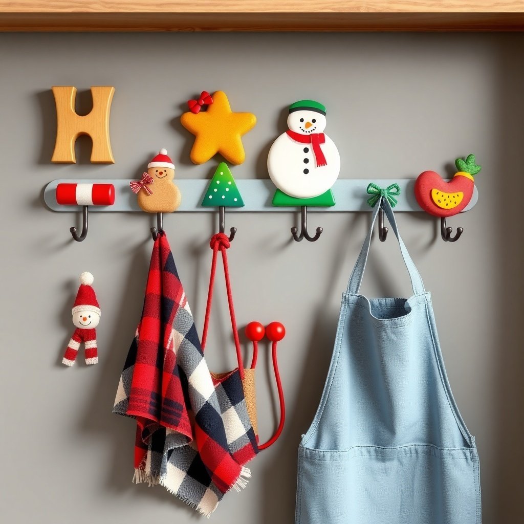 50 Creative Ideas for Christmas Kitchen Decor Colorful wall hooks with Christmas decorations and kitchen items