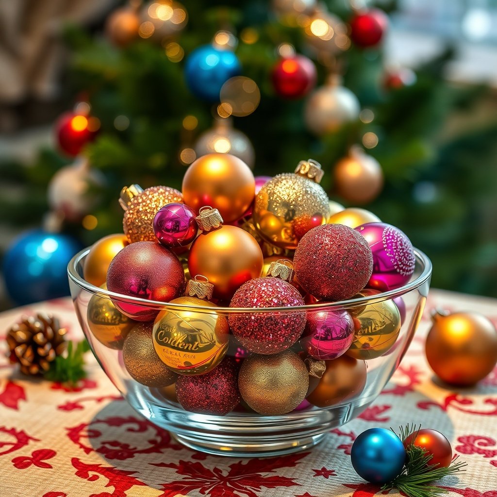 50 Stunning Christmas Table Centerpieces to Elevate Your Holiday Decor A glass bowl filled with colorful Christmas ornaments on a festive table