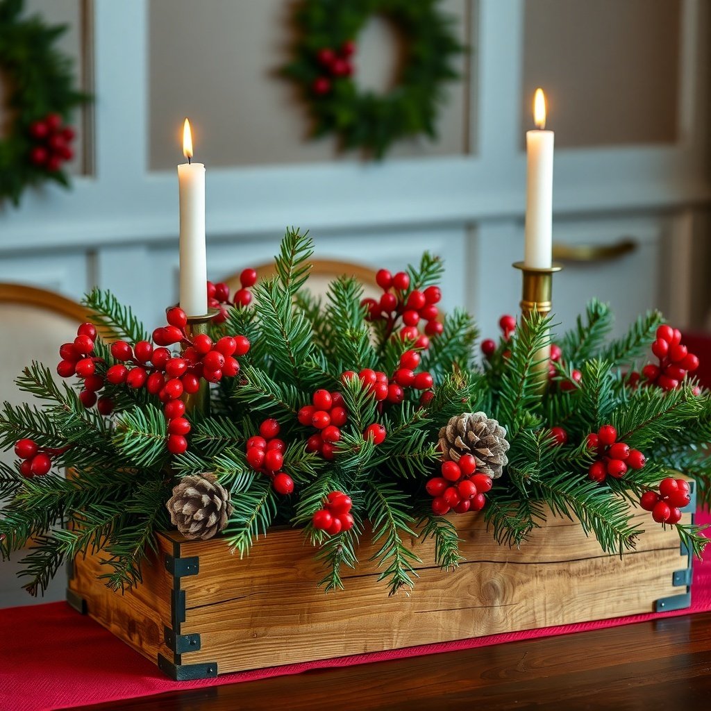 50 Stunning Christmas Table Centerpieces to Elevate Your Holiday Decor A rustic Christmas table centerpiece featuring evergreen branches, red berries, pinecones, and candles in a wooden box.