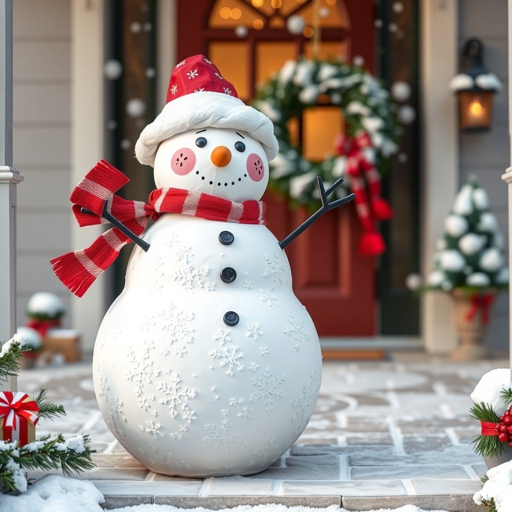 50 Stunning Christmas Porch Decor Ideas to Transform Your Home A cheerful snowman with a red scarf and hat stands on a snowy porch, surrounded by Christmas decorations.