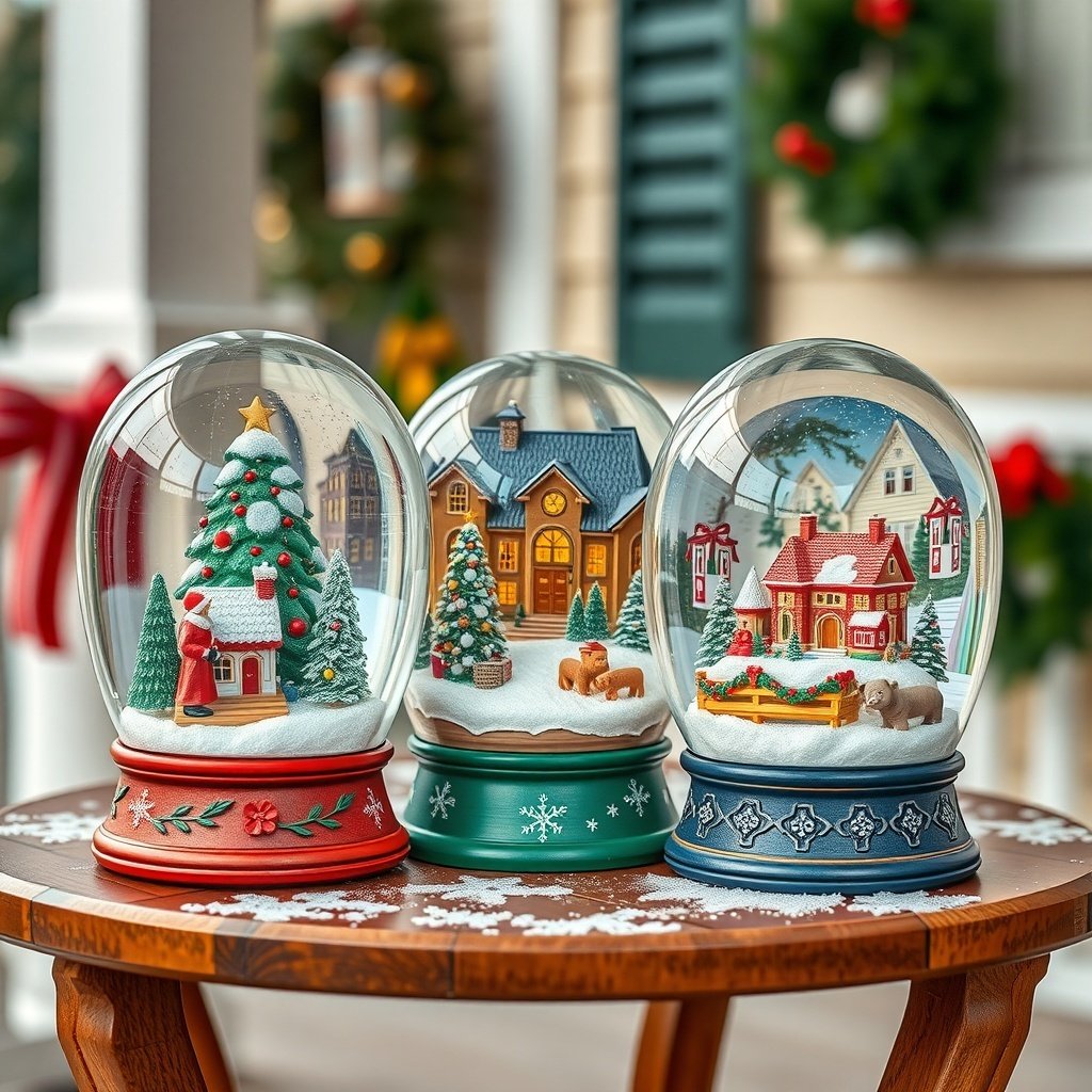 50 Stunning Christmas Porch Decor Ideas to Transform Your Home Three decorative snow globes featuring Christmas scenes on a wooden table.