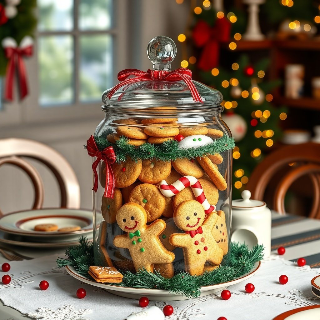 50 Stunning Christmas Table Centerpieces to Elevate Your Holiday Decor A festive cookie jar filled with gingerbread men and assorted cookies, decorated with a red ribbon and surrounded by greenery.