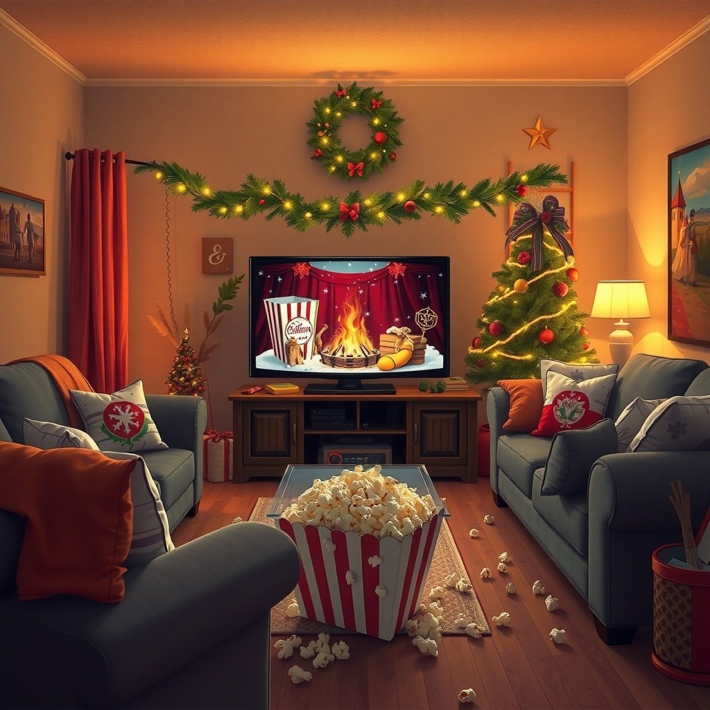 50 Festive December Wallpapers to Brighten Your Screen Cozy living room decorated for the holidays with a Christmas tree, popcorn, and a TV displaying a festive scene.