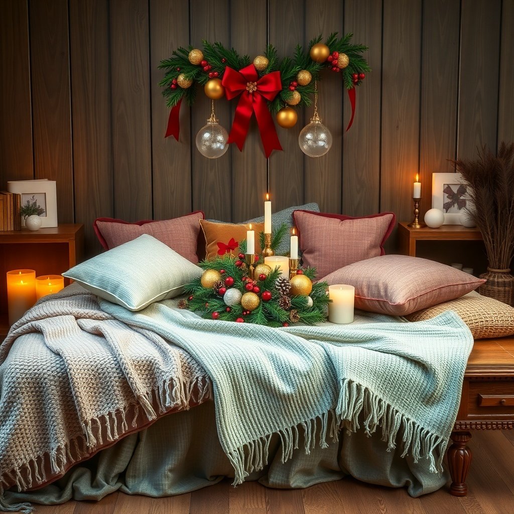 50 Stunning Christmas Table Centerpieces to Elevate Your Holiday Decor A cozy arrangement of blankets and pillows with a festive wreath and candles on a table