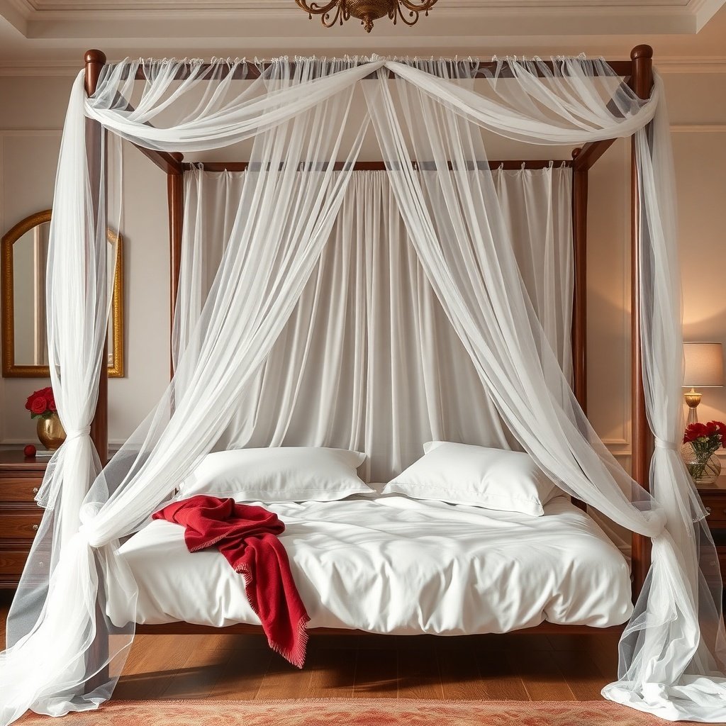 50 Stunning Wedding Night Room Decoration Ideas A beautifully decorated bed with a white canopy and red throw, perfect for a wedding night room.