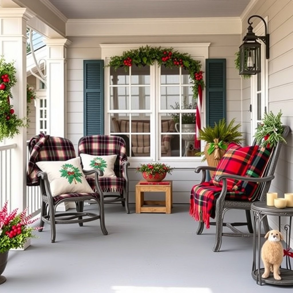 50 Stunning Christmas Porch Decor Ideas to Transform Your Home Cozy porch seating with plaid throws and festive pillows, decorated for Christmas.