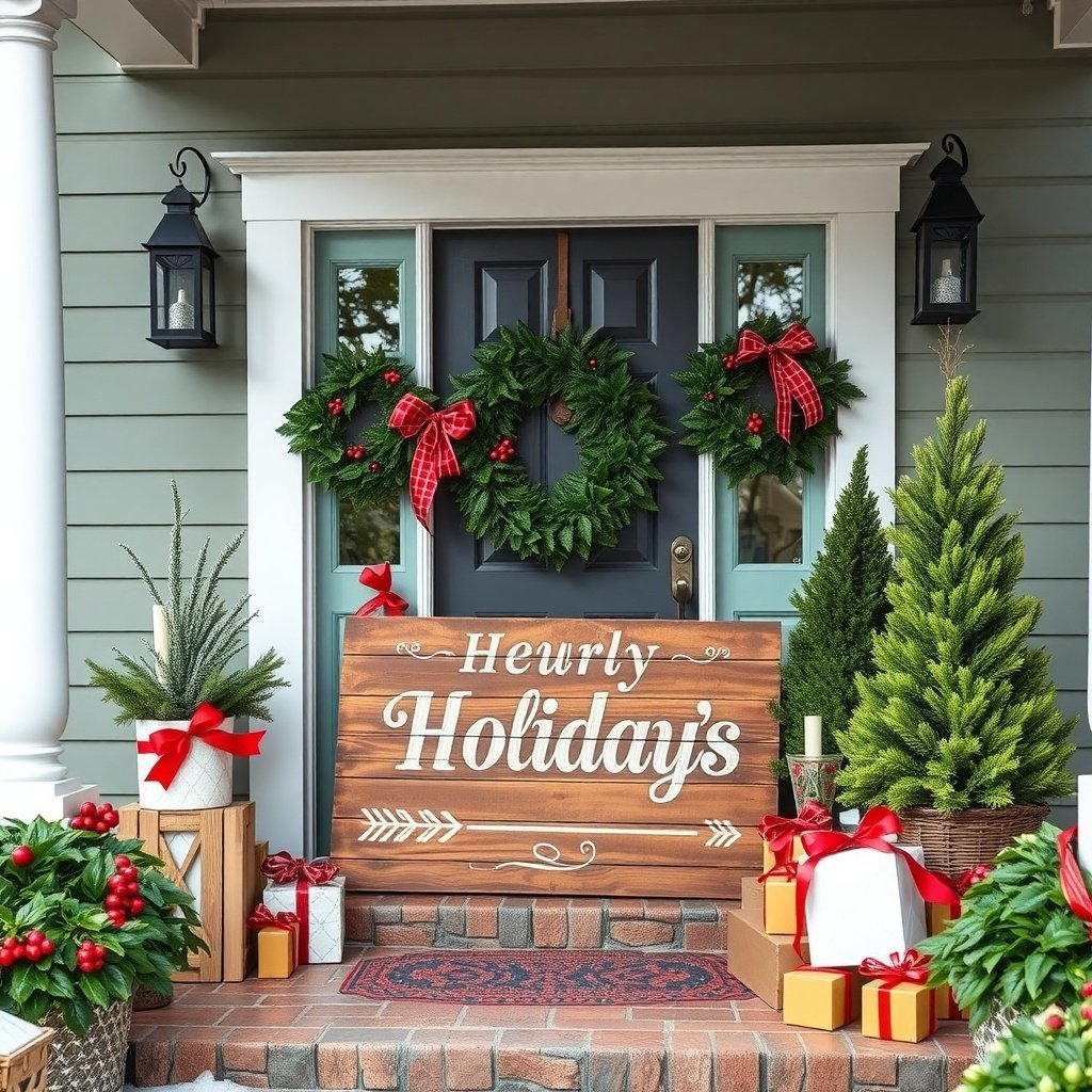 50 Stunning Christmas Porch Decor Ideas to Transform Your Home A beautifully decorated porch for Christmas featuring a wooden sign that says 'Heurly Holidays', surrounded by wreaths, greenery, and festive gifts.