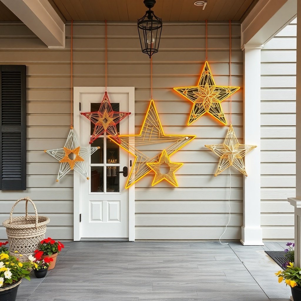 50 Stunning Christmas Porch Decor Ideas to Transform Your Home Colorful string art stars hanging on a porch, adding festive decor for Christmas.