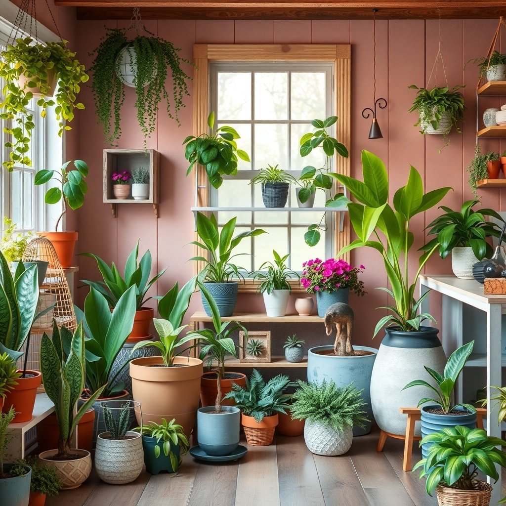 50 Stunning Wedding Night Room Decoration Ideas A cozy room filled with various plants and flowers, creating a charming garden theme for a wedding night.