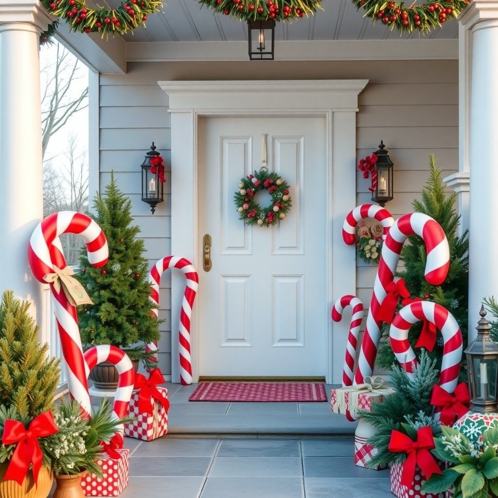50 Stunning Christmas Porch Decor Ideas to Transform Your Home A beautifully decorated porch for Christmas featuring oversized candy cane decorations, greenery, and wrapped gifts.