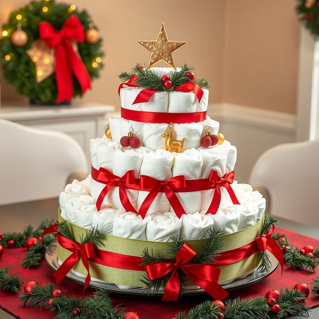 50 Festive Ideas for Creating the Ultimate Christmas Diaper Cake A beautifully arranged Christmas diaper cake decorated with red ribbons, golden accents, and a star on top, set against a festive background.