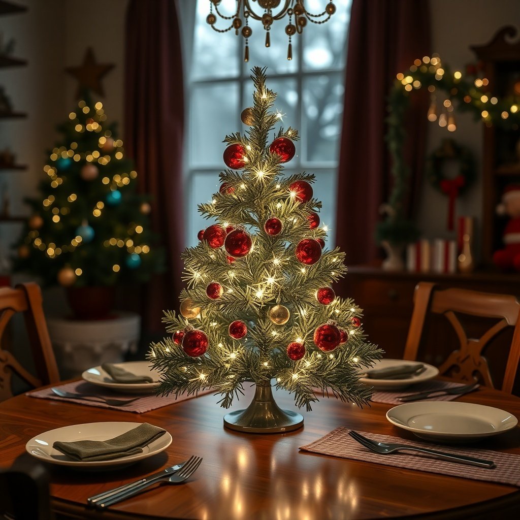 50 Stunning Christmas Table Centerpieces to Elevate Your Holiday Decor A mini Christmas tree centerpiece on a dining table, decorated with red and gold ornaments and lights.