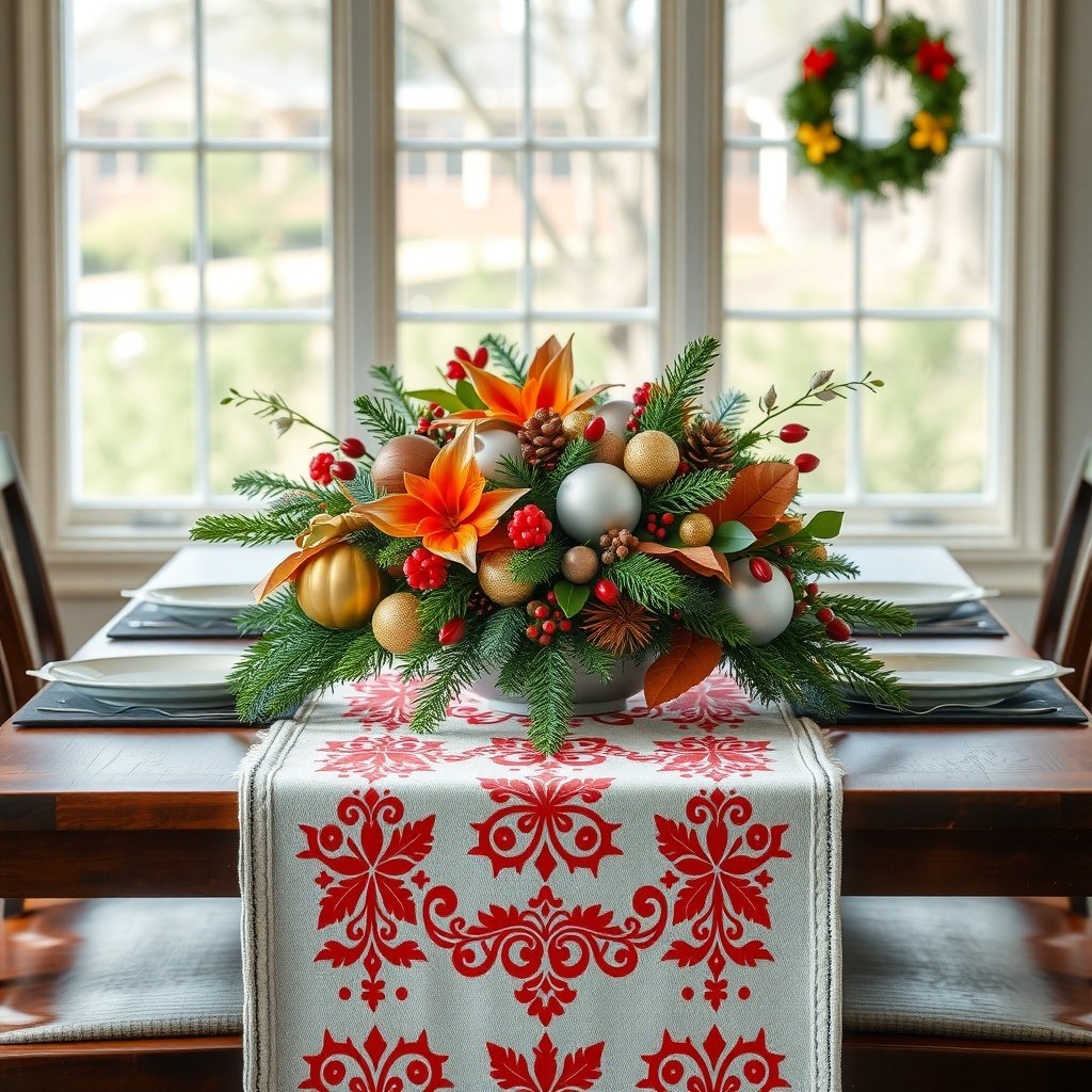 50 Stunning Christmas Table Centerpieces to Elevate Your Holiday Decor A festive table runner with a colorful centerpiece featuring flowers, ornaments, and greenery.