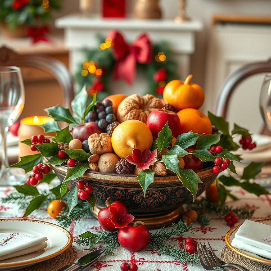 50 Stunning Christmas Table Centerpieces to Elevate Your Holiday Decor A traditional Christmas fruit and nut bowl centerpiece with colorful fruits and nuts surrounded by greenery.