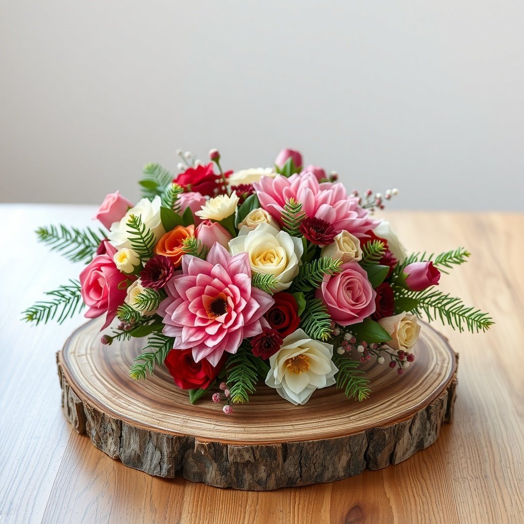 50 Stunning Christmas Table Centerpieces to Elevate Your Holiday Decor A beautiful floral arrangement on a natural wood slice base, featuring pink, red, and white flowers.
