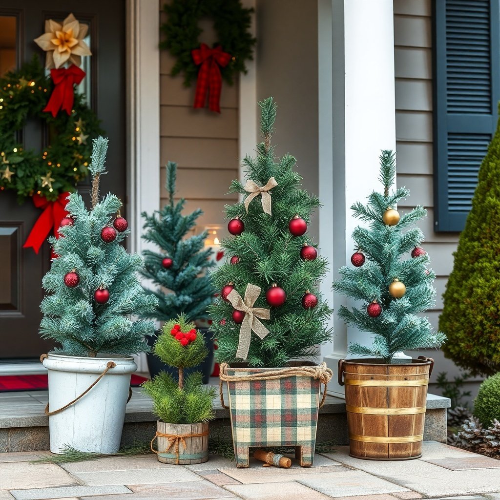 50 Stunning Christmas Porch Decor Ideas to Transform Your Home Decorative Christmas trees in unique containers on a porch, featuring a mix of styles and colors.