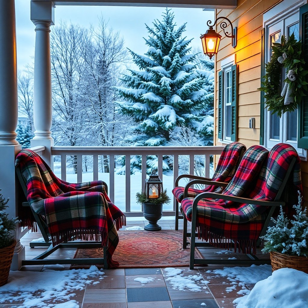 50 Stunning Christmas Porch Decor Ideas to Transform Your Home A cozy porch decorated for Christmas with plaid blankets on chairs, a lantern, and snow-covered trees in the background.