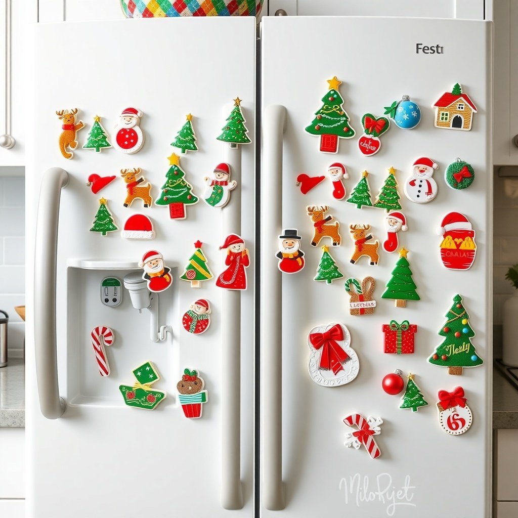 50 Creative Ideas for Christmas Kitchen Decor Colorful Christmas-themed refrigerator magnets on a white fridge.