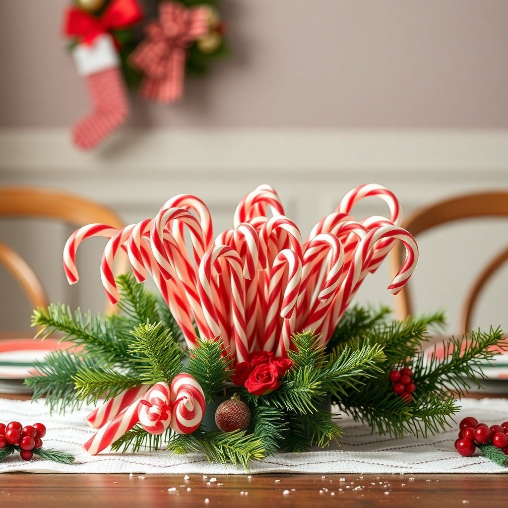 50 Stunning Christmas Table Centerpieces to Elevate Your Holiday Decor A colorful candy cane arrangement with red and white candy canes, green pine branches, and red roses on a wooden table.