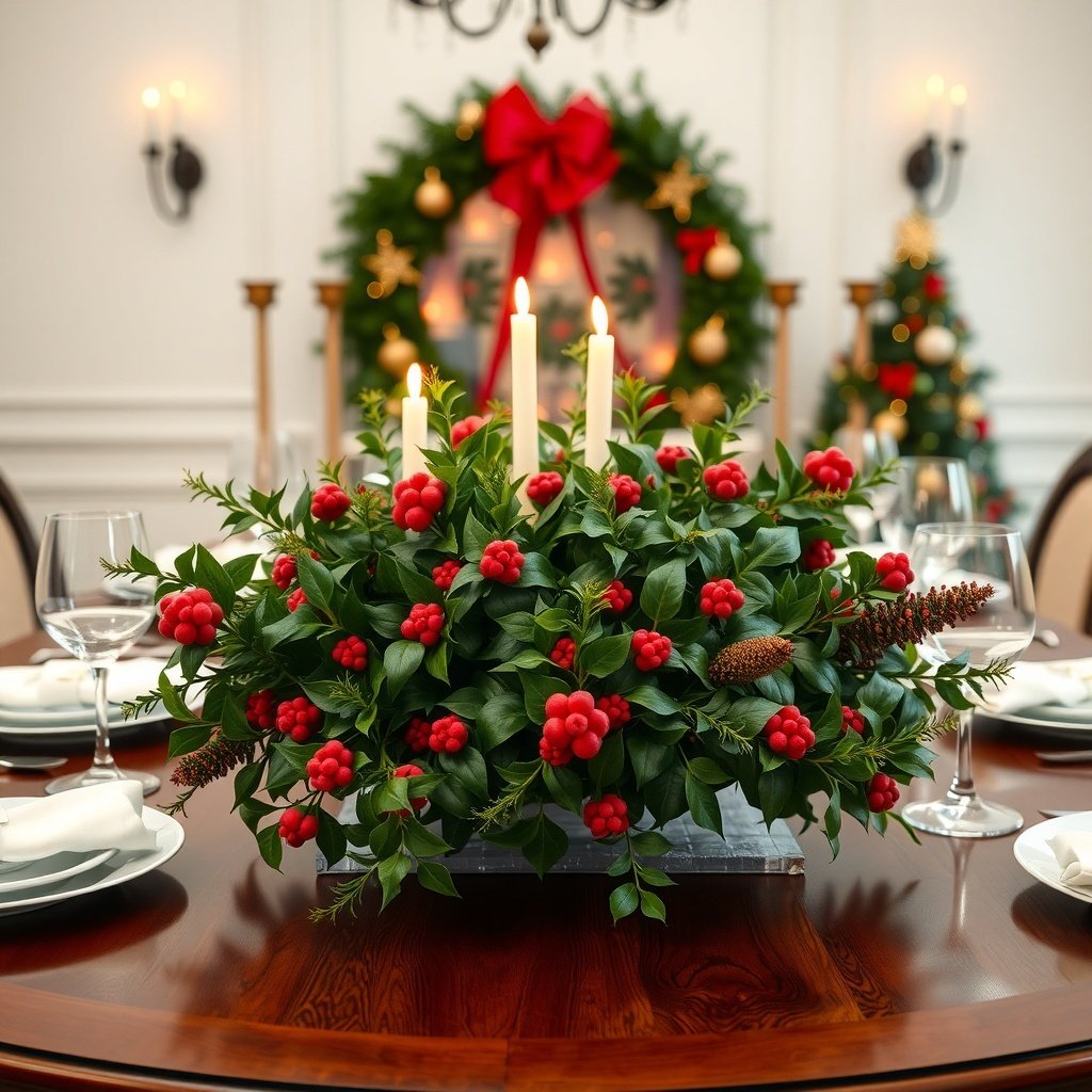 50 Stunning Christmas Table Centerpieces to Elevate Your Holiday Decor A festive holly and ivy arrangement with white candles on a Christmas table