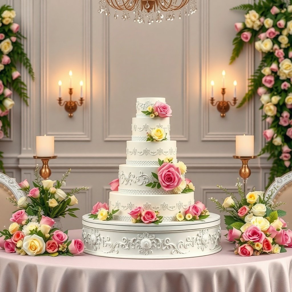 50 Stunning Wedding Night Room Decoration Ideas A beautifully decorated wedding cake with pink and yellow roses, surrounded by floral arrangements and candles.