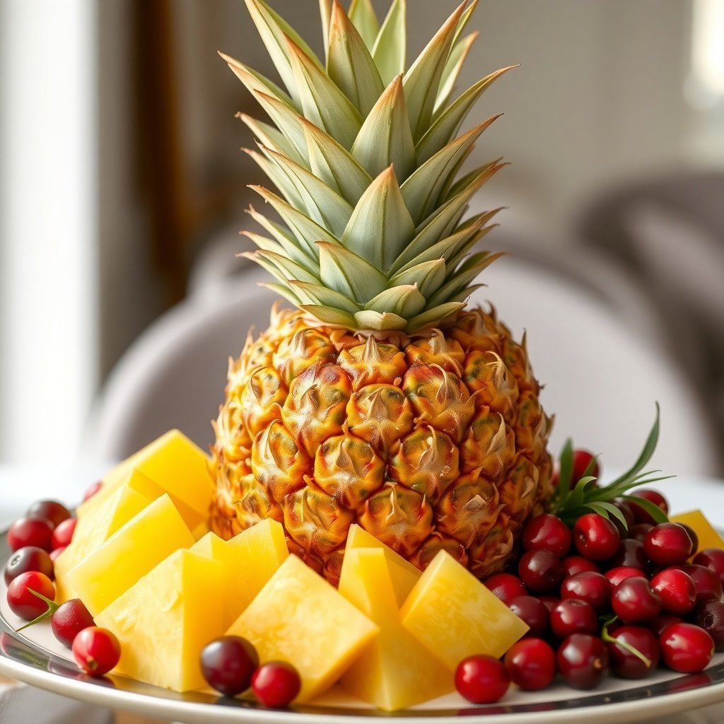 50 Stunning Christmas Table Centerpieces to Elevate Your Holiday Decor A vibrant centerpiece featuring a whole pineapple surrounded by chunks of yellow pineapple and red cranberries.