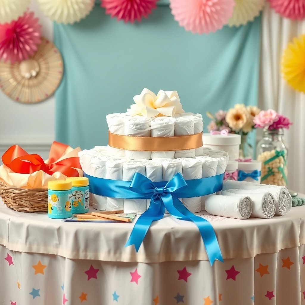 50 Festive Ideas for Creating the Ultimate Christmas Diaper Cake A beautifully arranged Christmas diaper cake with colorful ribbons and baby essentials.