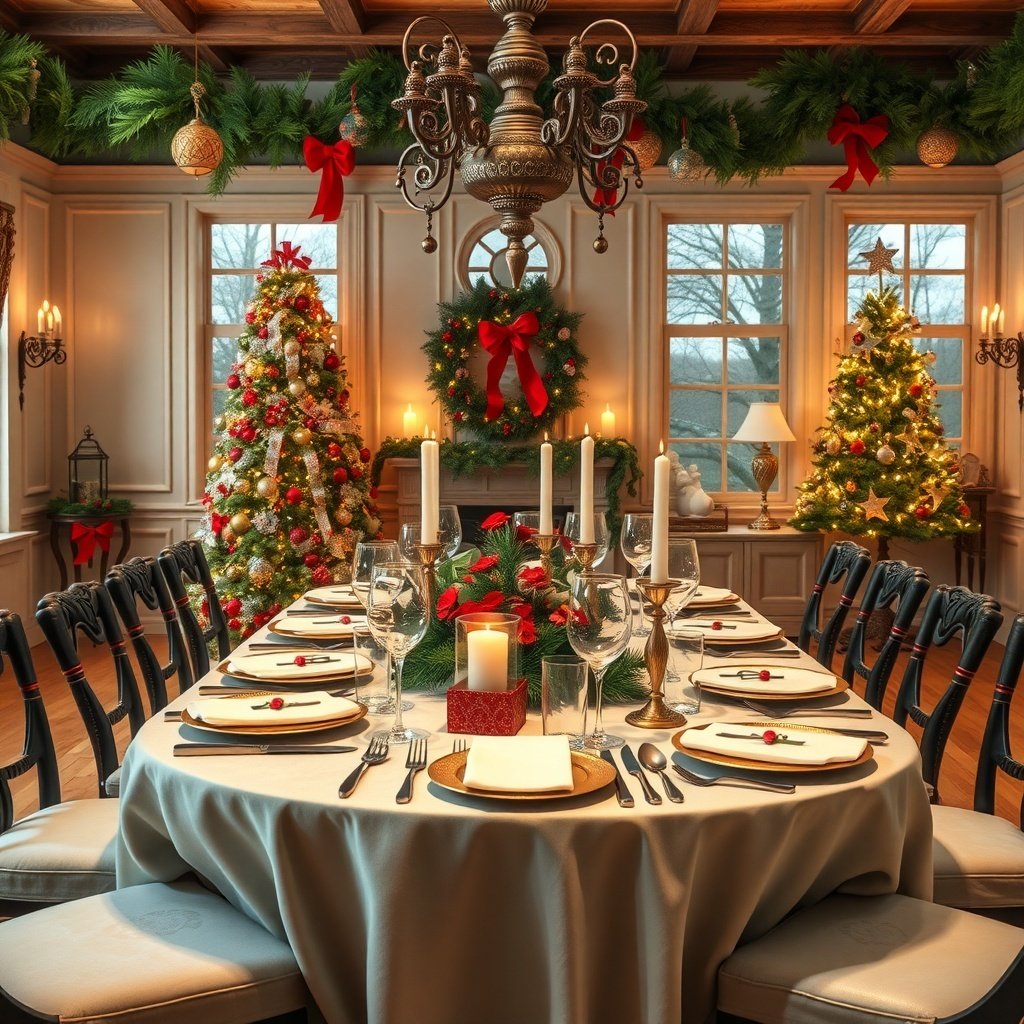 50 Creative Ideas for Christmas Kitchen Decor A beautifully decorated dining table for Christmas with candles, greenery, and elegant dinnerware.