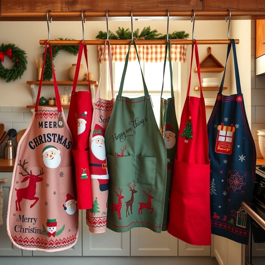 50 Creative Ideas for Christmas Kitchen Decor A collection of colorful Christmas-themed aprons hanging in a kitchen.