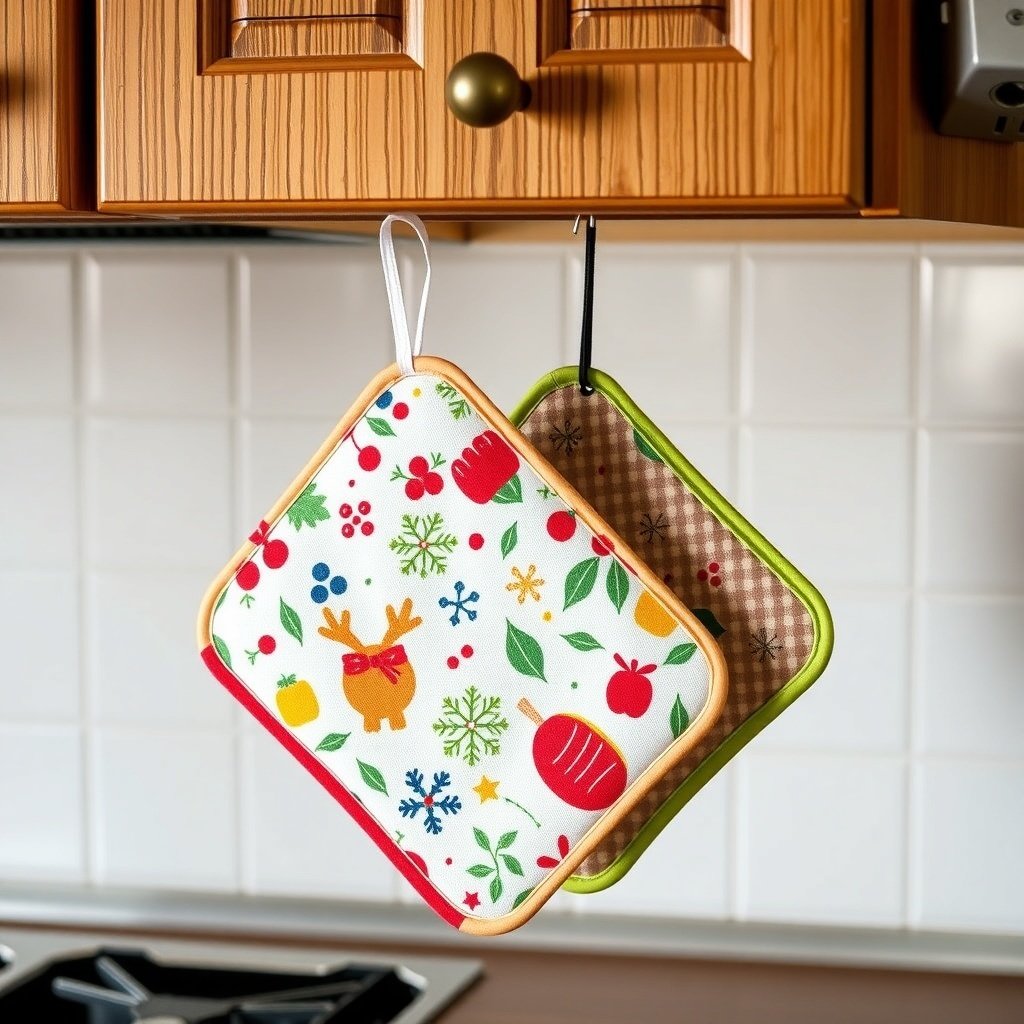 50 Creative Ideas for Christmas Kitchen Decor Colorful Christmas-themed pot holders hanging in a kitchen.