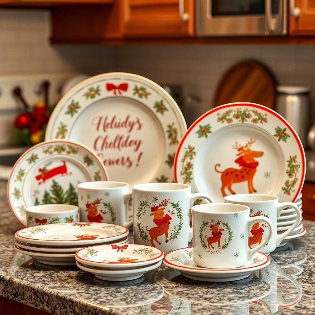 50 Creative Ideas for Christmas Kitchen Decor A collection of holiday-themed dishware featuring reindeer and festive designs.