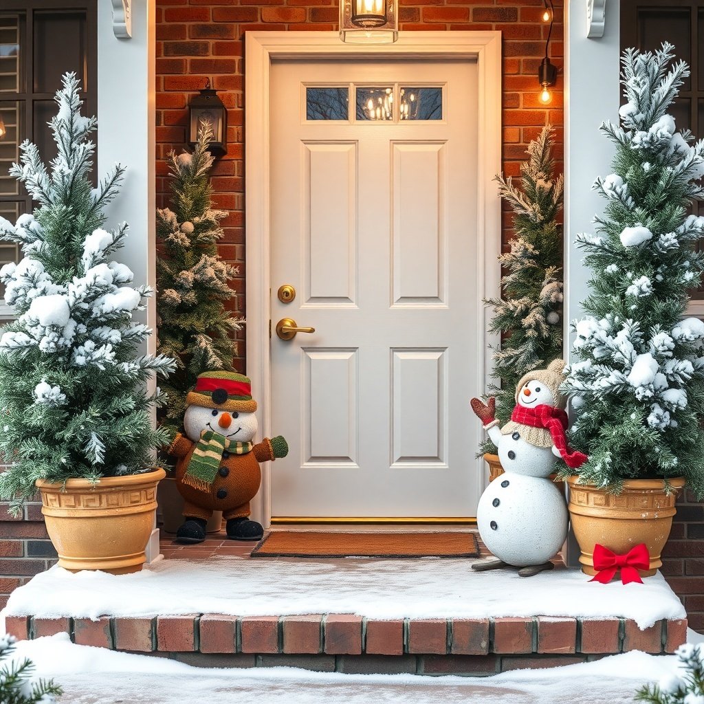 50 Stunning Christmas Porch Decor Ideas to Transform Your Home A festive porch decorated for Christmas with snowmen and snowy trees.