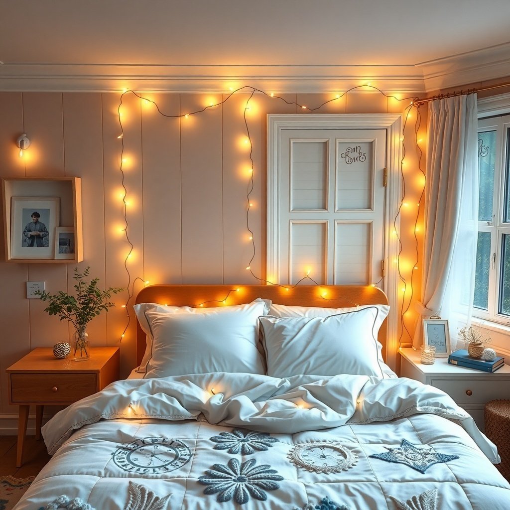 50 Stunning Wedding Night Room Decoration Ideas A cozy bedroom with soft fairy lights adorning the walls and a neatly made bed.