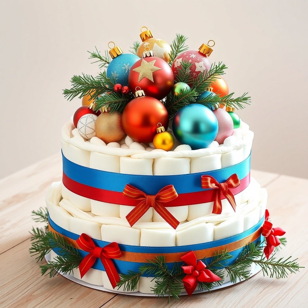 50 Festive Ideas for Creating the Ultimate Christmas Diaper Cake A Christmas diaper cake decorated with colorful ornaments and greenery.