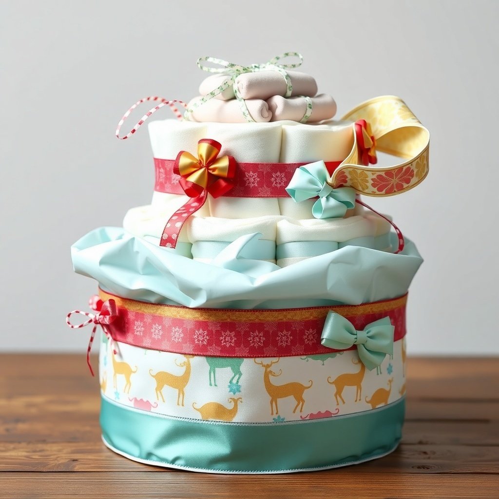 50 Festive Ideas for Creating the Ultimate Christmas Diaper Cake A beautifully wrapped Christmas diaper cake with colorful ribbons and festive decorations.
