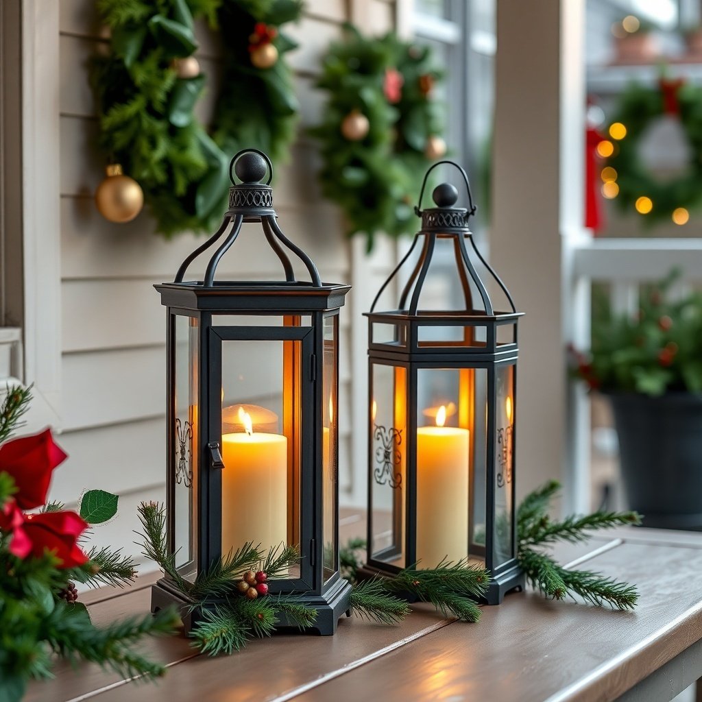 50 Stunning Christmas Porch Decor Ideas to Transform Your Home Two elegant lanterns with candles on a wooden table, surrounded by greenery and red accents, creating a festive Christmas porch decor.