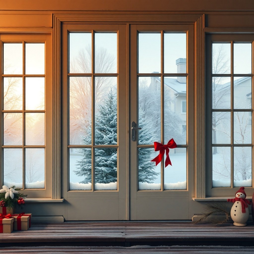 50 Stunning Christmas Porch Decor Ideas to Transform Your Home Frosted windowpanes with a view of a snowy landscape, decorated for Christmas