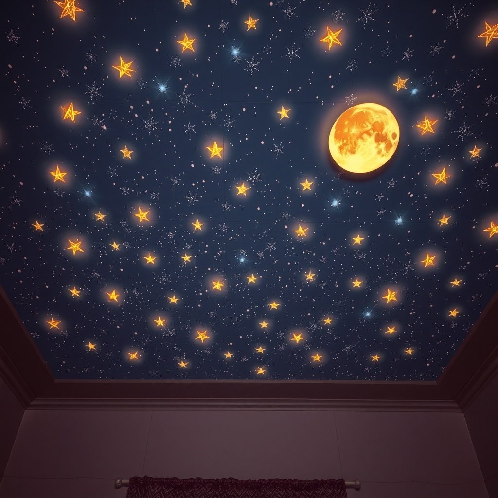 50 Stunning Wedding Night Room Decoration Ideas A ceiling decorated with glowing stars and a moon, resembling a starry night sky.