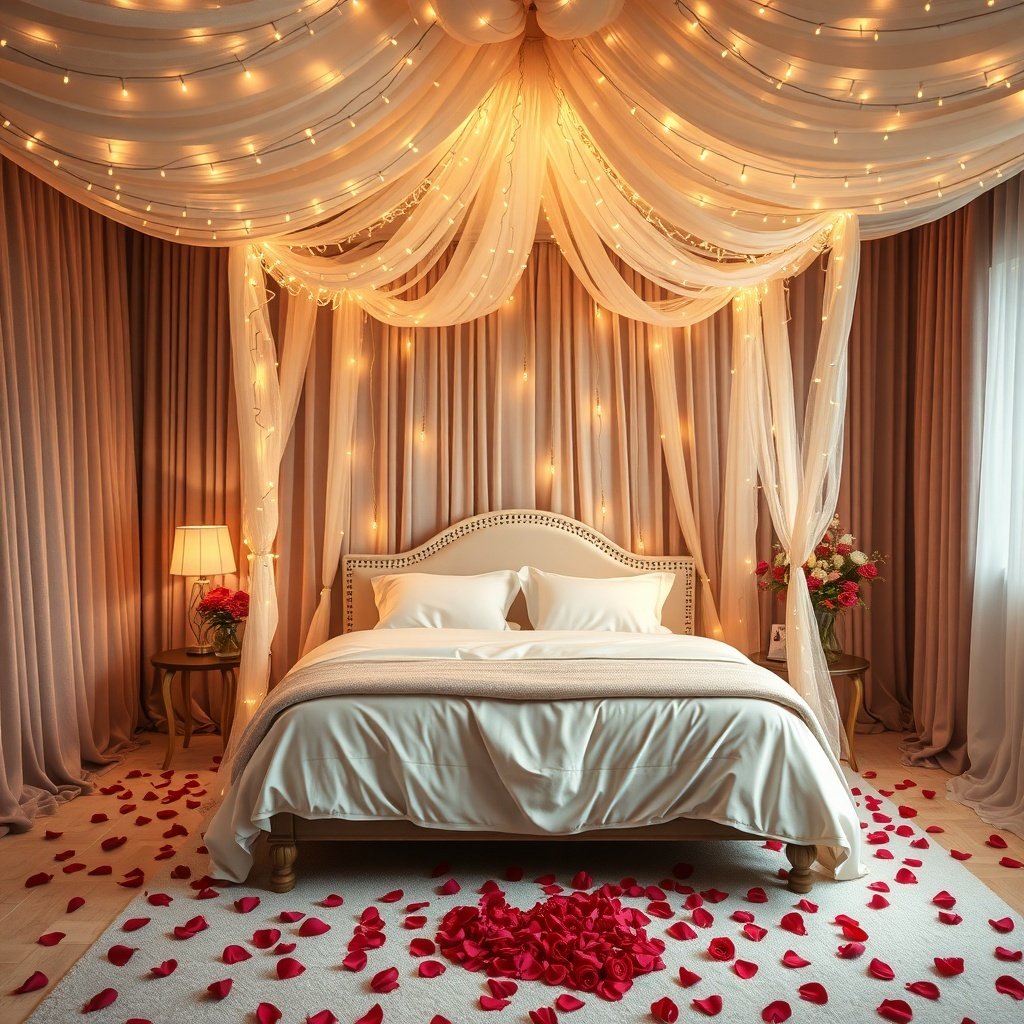 50 Stunning Wedding Night Room Decoration Ideas A romantic wedding night room with a fairy light canopy, rose petals on the floor, and soft lighting.